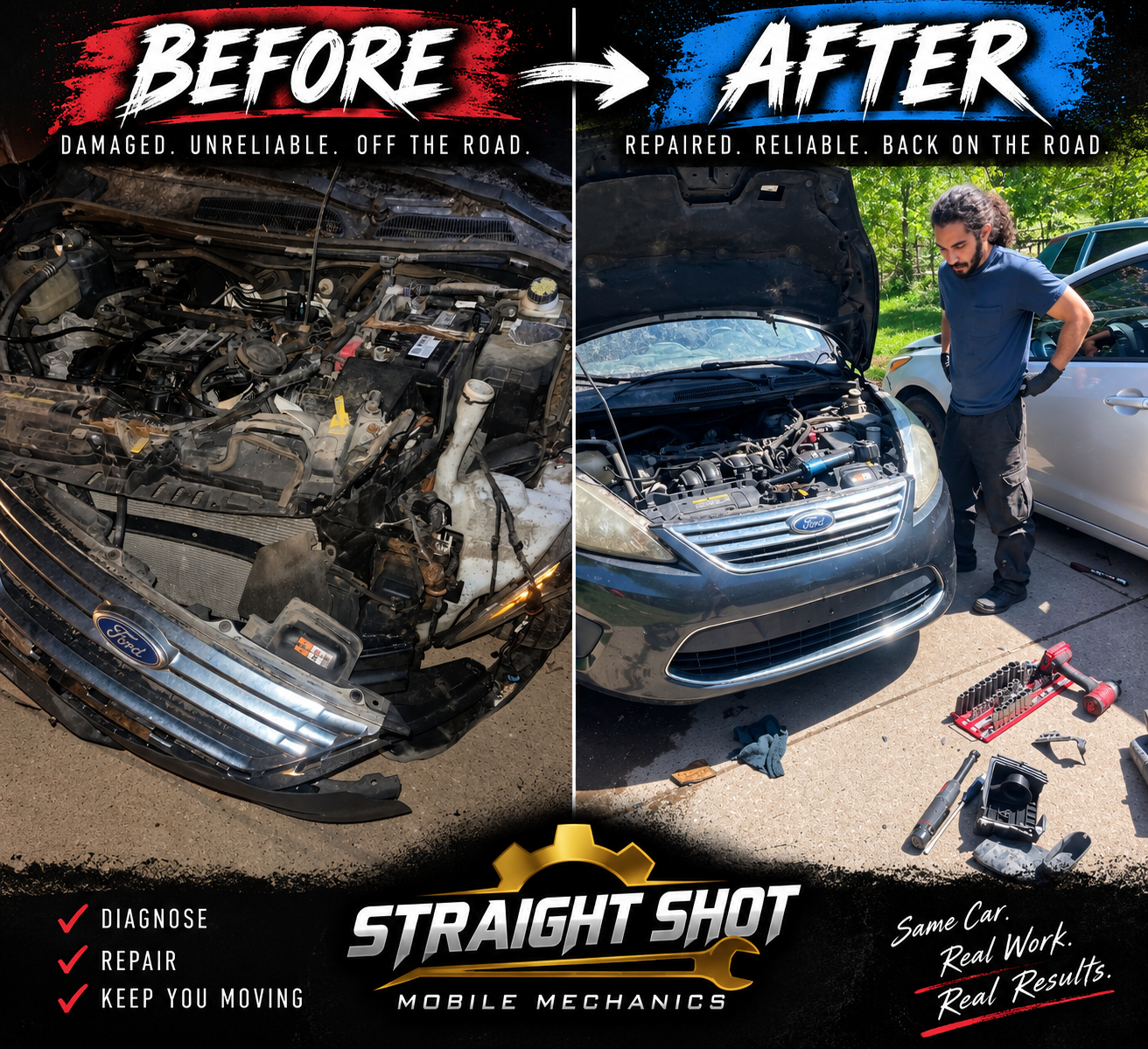 Engine repair before and after, Ford Fusion, Nashville mobile mechanic