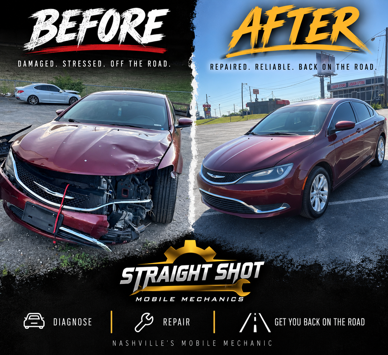 Front end collision repair before and after, Chrysler 200, Nashville mobile mechanic