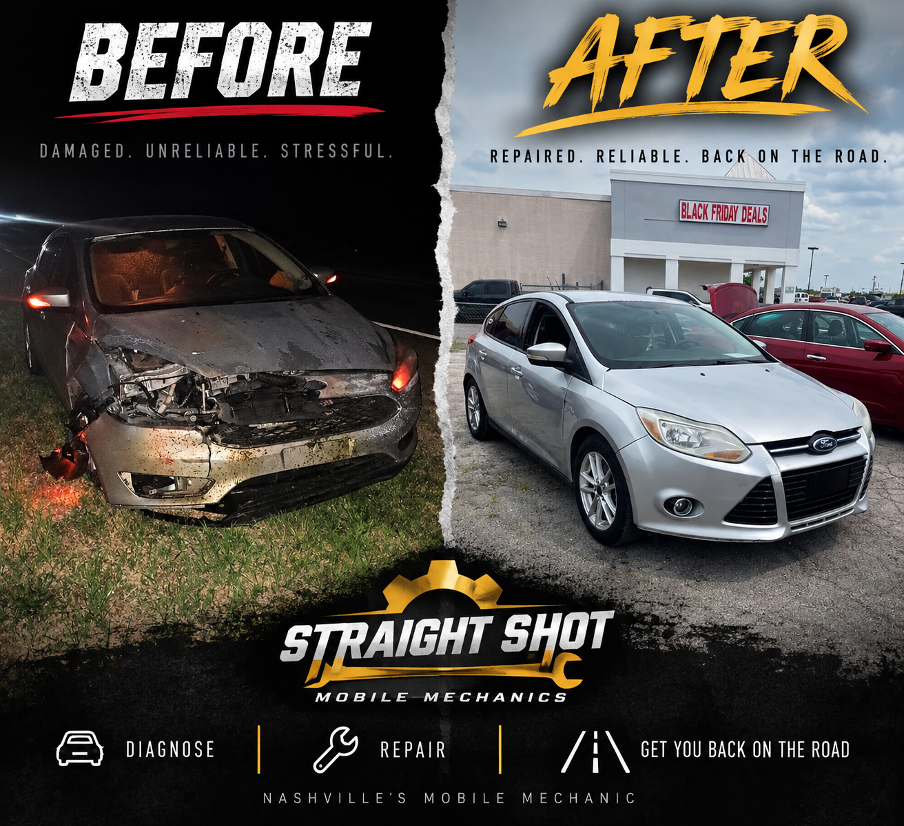 Front end collision repair before and after, Ford Focus, Nashville mobile mechanic